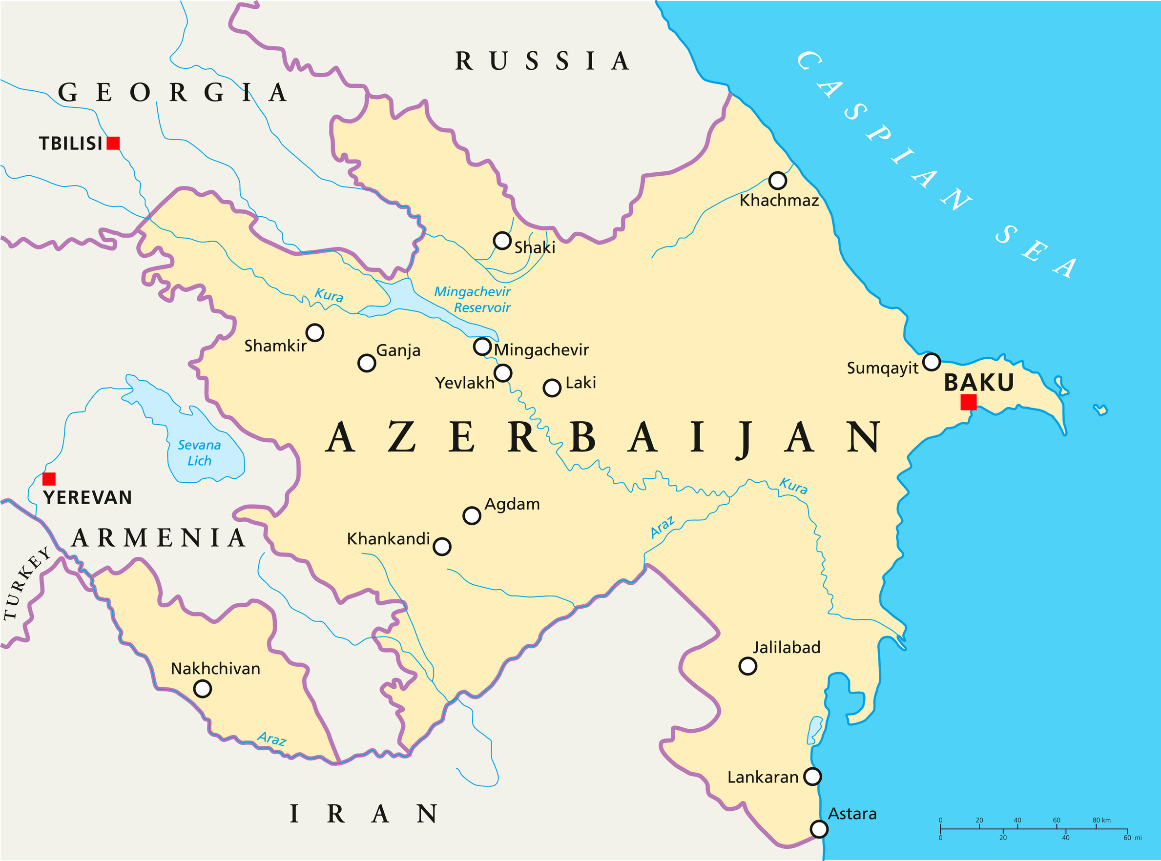 Mappa politica dell'Azerbaigian con la capitale Baku, i confini nazionali e le città più importanti Mappa politica dell'Azerbaigian con la capitale Baku, i confini nazionali e le città più importanti
