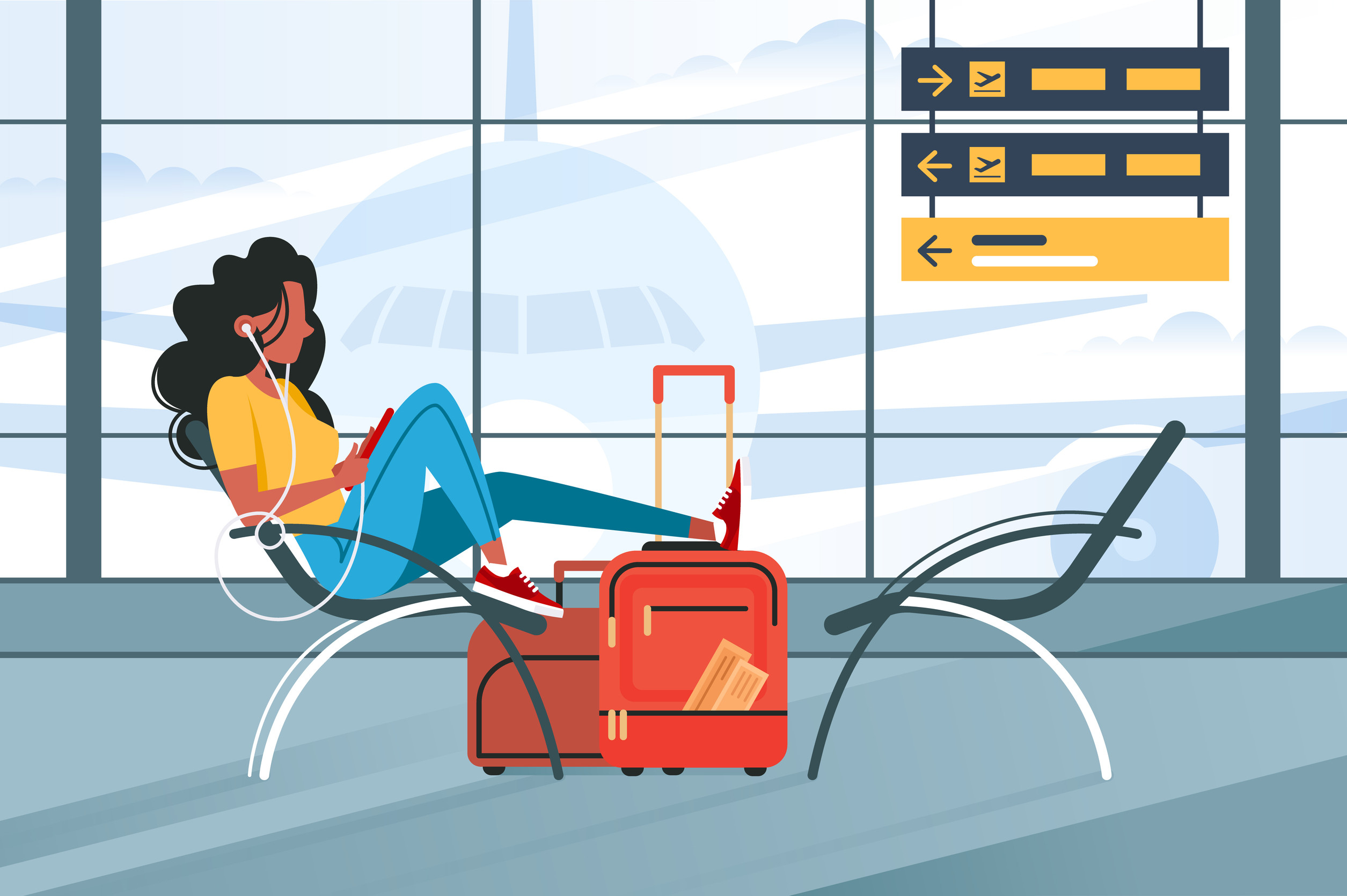 Ragazza in attesa del volo sull'aereo Ragazza in attesa del volo sull'aereo